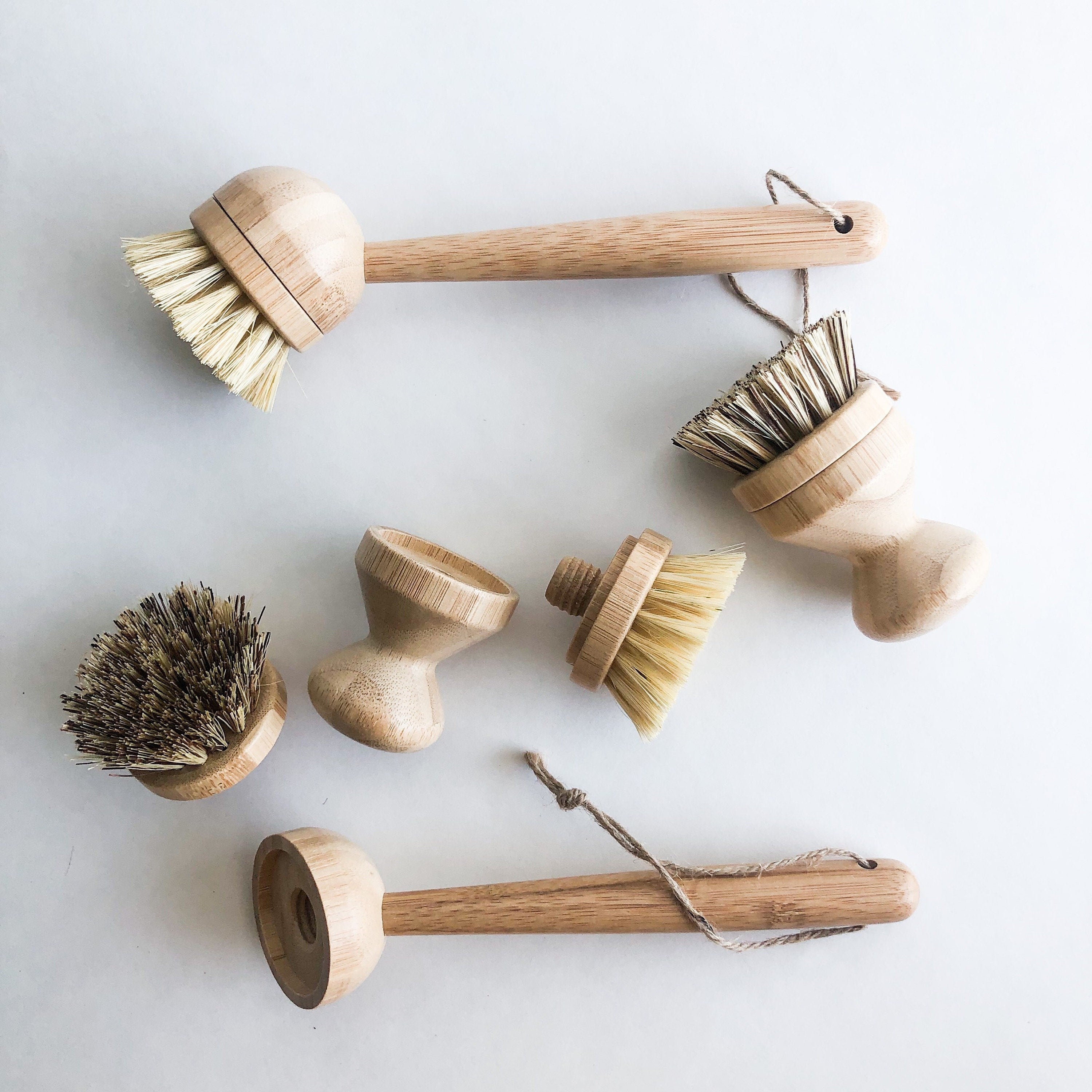 Natural Bamboo Sisal Dish Brush With Replaceable Head - Biodegradable Zero Waste Plastic Free Long Handle Kitchen Brush